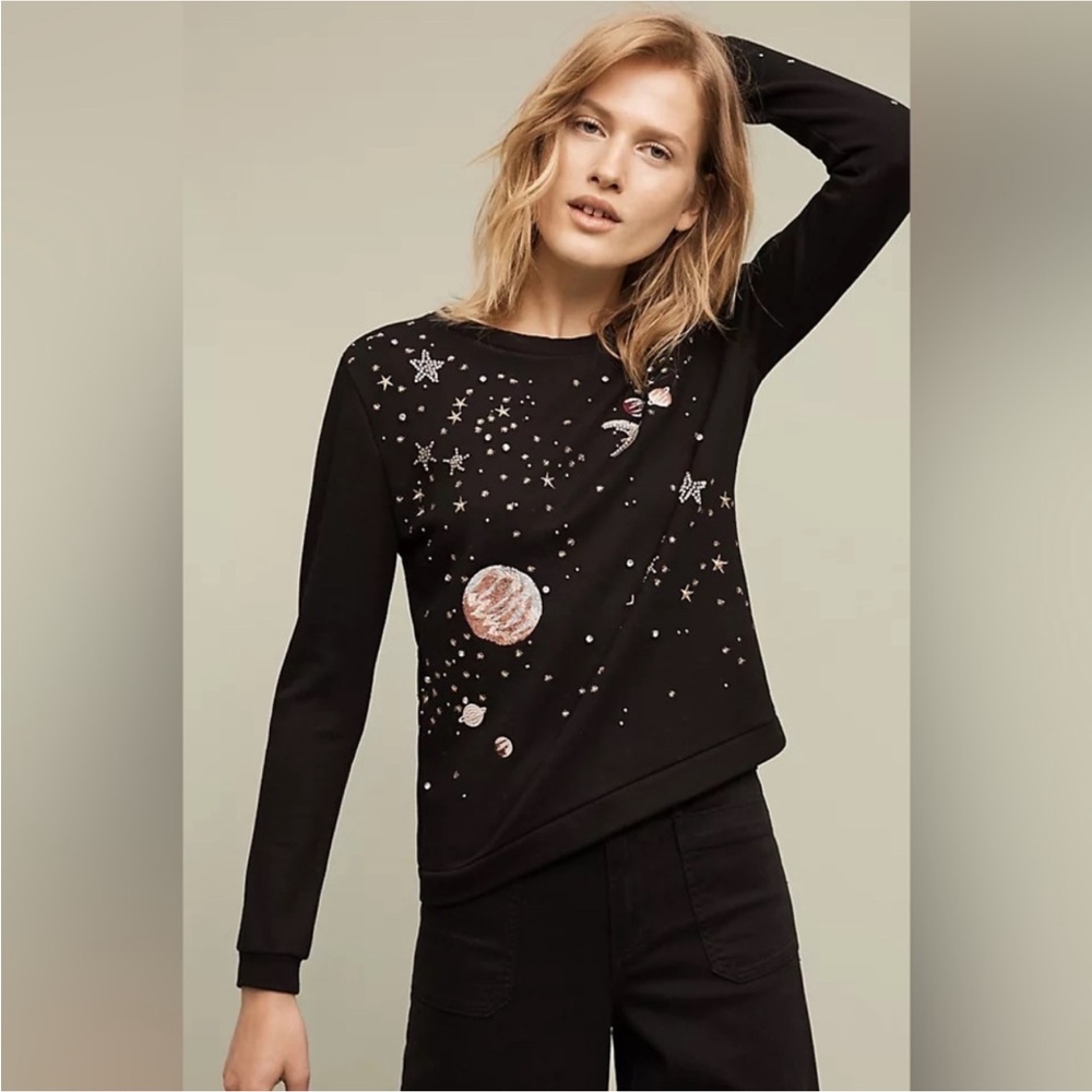 Anthropologie | Postmark Stargazer Galaxy Embroidered Sweatshirt Rhinestones